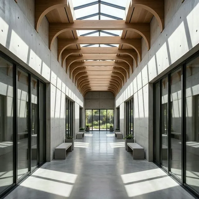 Modern architectural symmetry interior corridor with natural light